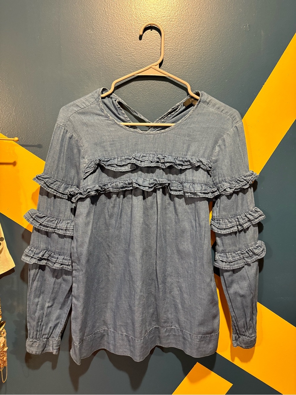 J. Crew Ruffle Denim Long Sleeve Blouse EUC